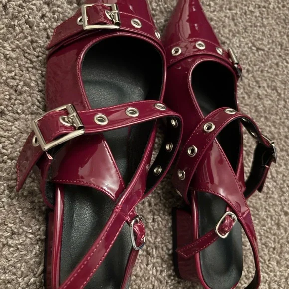Women's Burgundy Patent Leather Buckle Flats - Picture 2 of 6